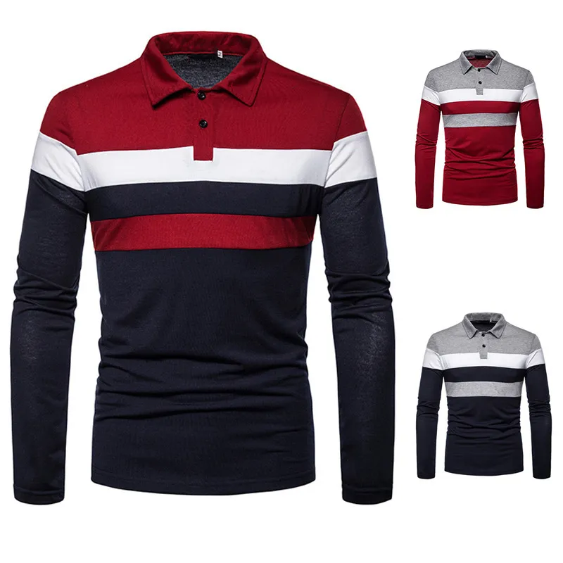 Men Fashion Casual Color Block Long Sleeve Lapel Polo Shirt Stripe