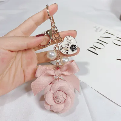 Women Fashion Creative Double-Sided Camellia Pearl Chain Key Chain Pendant