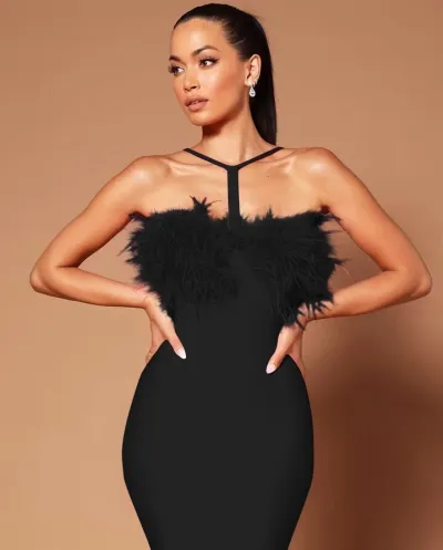 Women Nightclub Fashion Sexy Halter Neck Feather Strapless Mini Dress