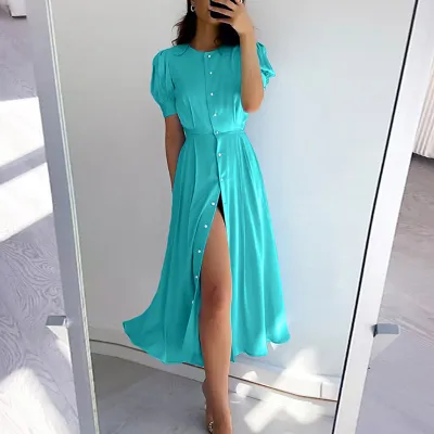 Summer Women Fashion Solid Color Button Short Sleeve Split Maxi Dress