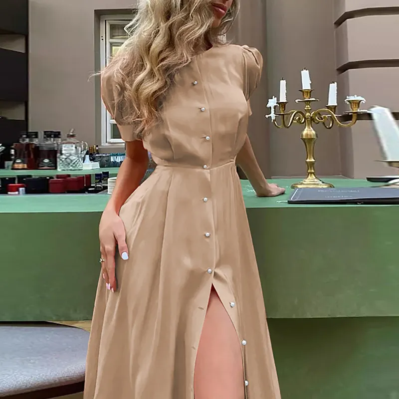 Summer Women Fashion Solid Color Button Short Sleeve Split Maxi Dress