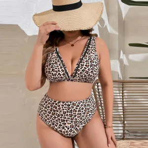 Women Fashion Sexy Plus Size Deep V Leopard Printed High Waist Swimsuit Set