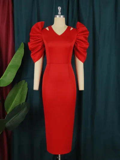 Women Fashion Solid Color Pleated Sleeve Party Dress