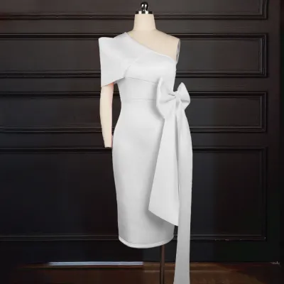 Women Sexy Slant Shoulder Solid Color Bow Party Dress