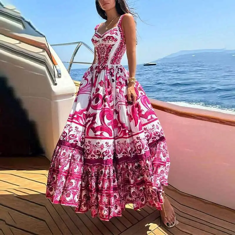 Bohemian Vacation Women Casual Sling Dress Square Neck Sleeveless
