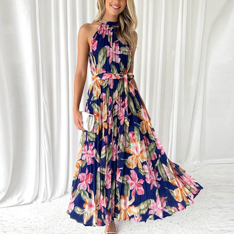 Women Fashion Sleeveless Printed Pleated Halter Neck Maxi Dress