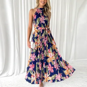 Women Fashion Sleeveless Printed Pleated Halter Neck Maxi Dress