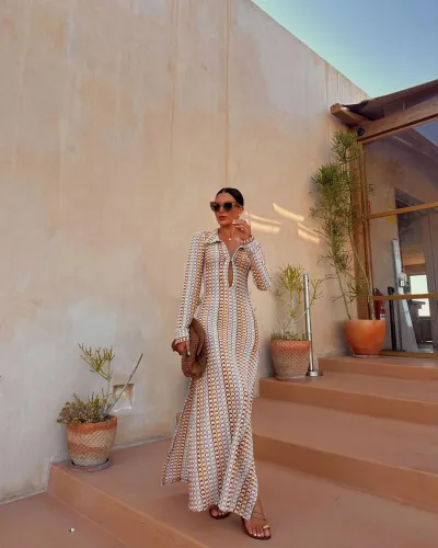 Women Bohemian Crochet Cutout V-Neck Side Slit Maxi Dress