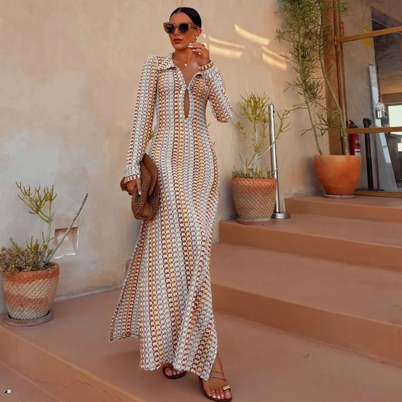 Women Bohemian Crochet Cutout V-Neck Side Slit Maxi Dress