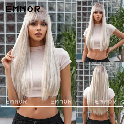 Fashion Gradient Long Straight Silver Wig with Qi Bangs