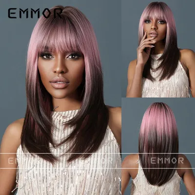 Women's Fashion Gradient Long Straight Hair Wig with Straight Bang