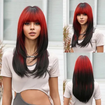 Women's Fashion Gradient Long Straight Hair Wig with Straight Bang