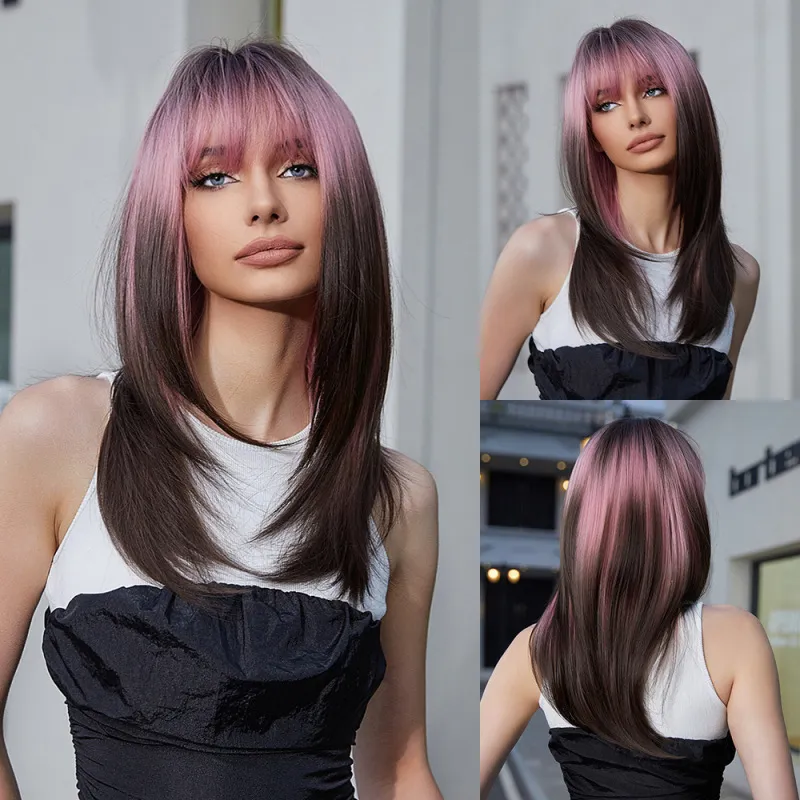 Women's Fashion Gradient Long Straight Hair Wig with Straight Bang