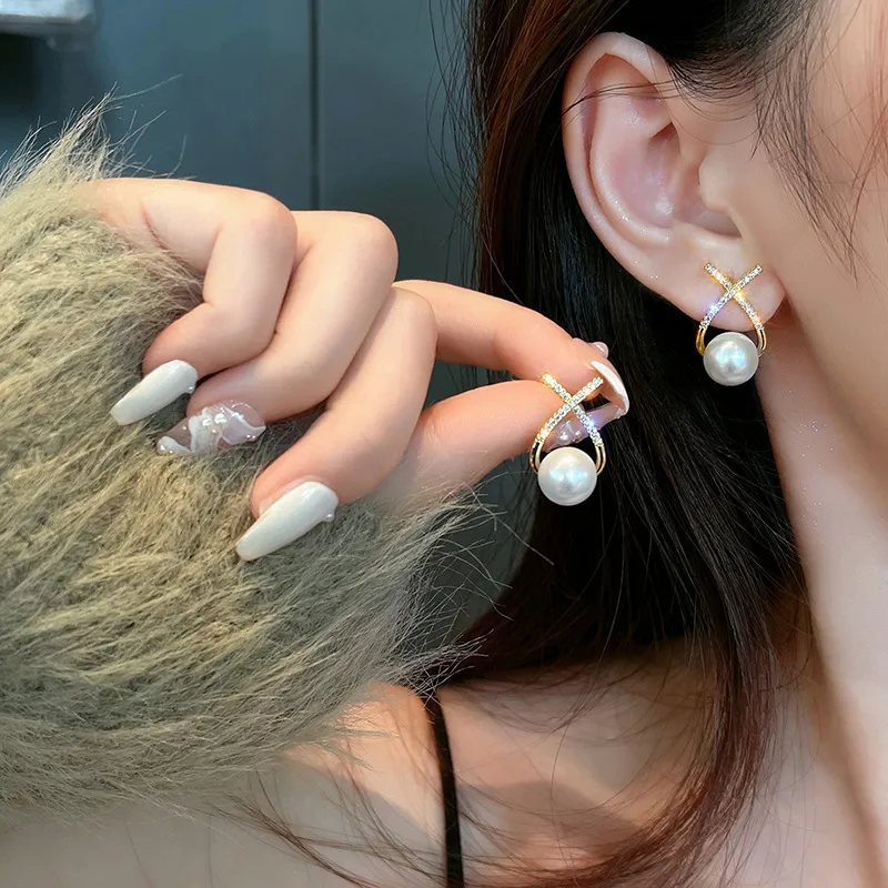 Cross Rhinestone Pearl Women Elegant Alloy Geometric Earrings