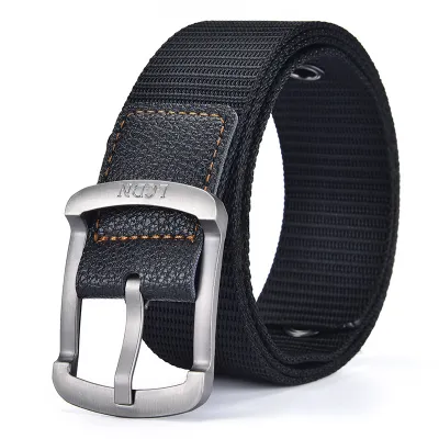 Men Casual Knitted Canvas Stripe Belt with Alloy Pin Buckle, Retro Art Style, 120cm