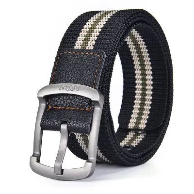 Men Casual Knitted Canvas Stripe Belt with Alloy Pin Buckle, Retro Art Style, 120cm