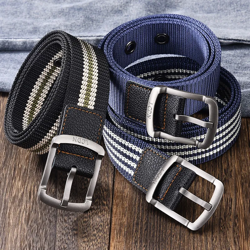 Men Casual Knitted Canvas Stripe Belt with Alloy Pin Buckle, Retro Art Style, 120cm