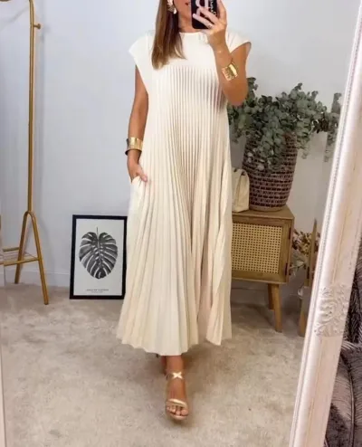 Women Casual Elegant Round Neck Sleeveless Pleated Maxi Dress