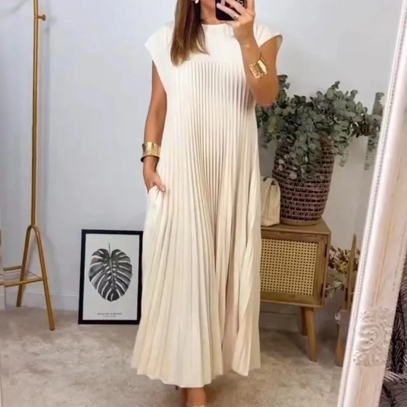 Women Casual Elegant Round Neck Sleeveless Pleated Maxi Dress