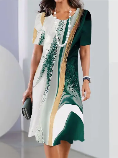 Women Casual Geometric Print High Waist Midi Dress Round Neck Short Sleeve