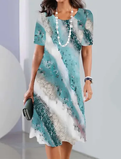 Women Casual Geometric Print High Waist Midi Dress Round Neck Short Sleeve