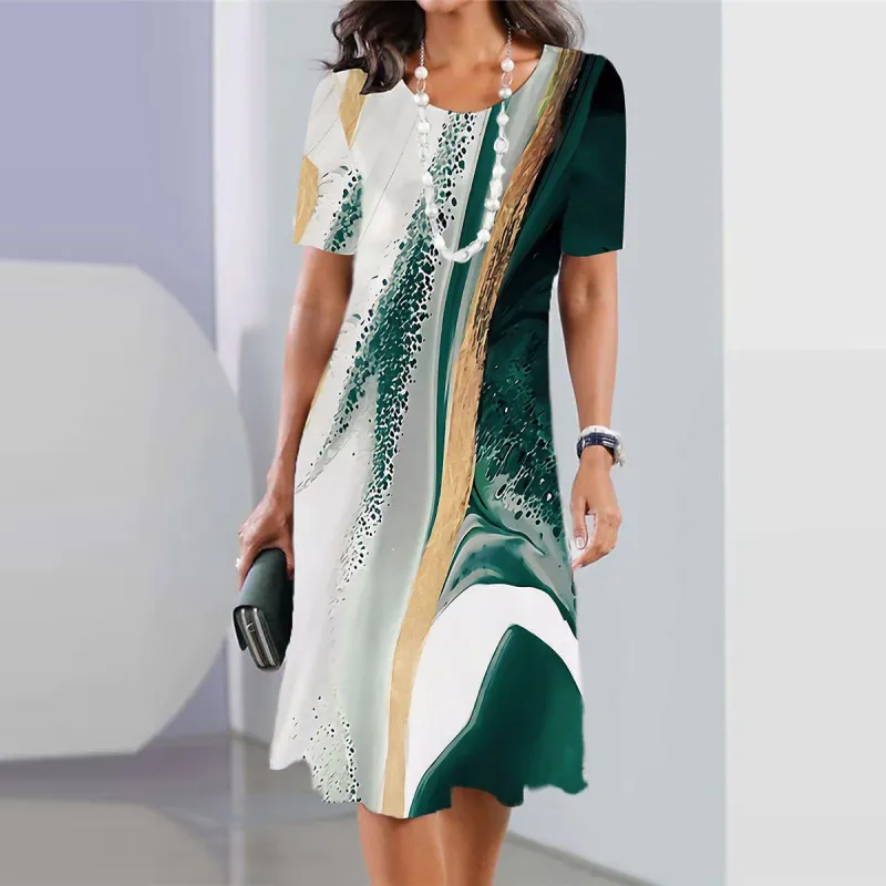 Women Casual Geometric Print High Waist Midi Dress Round Neck Short Sleeve