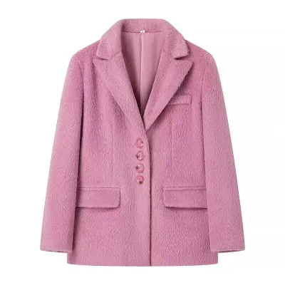 Women's Loose Fit Lapel Plush Coat Single-Breasted Long Sleeve Blazer