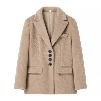Women's Loose Fit Lapel Plush Coat Single-Breasted Long Sleeve Blazer