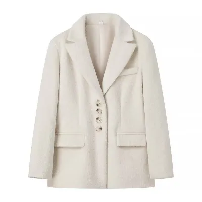 Women's Loose Fit Lapel Plush Coat Single-Breasted Long Sleeve Blazer