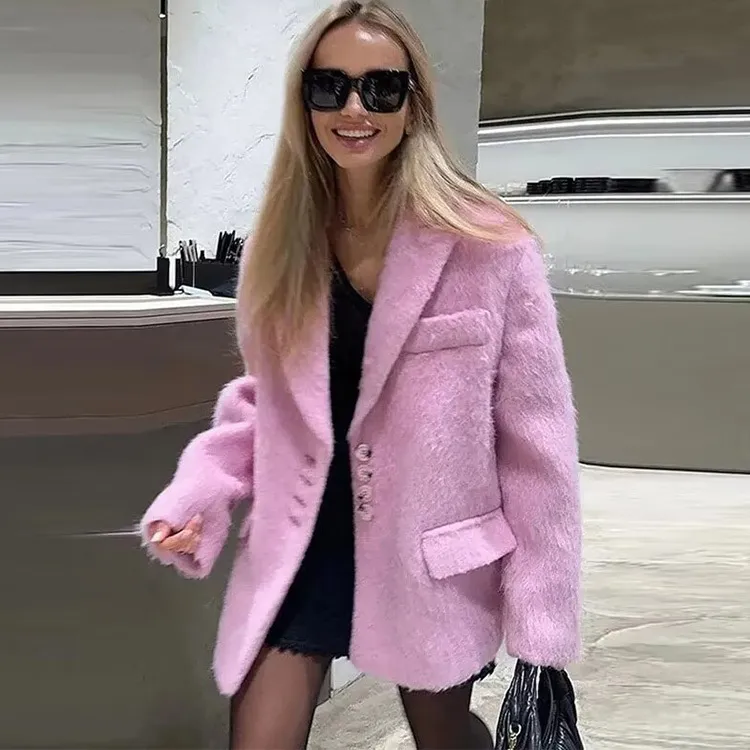 Women's Loose Fit Lapel Plush Coat Single-Breasted Long Sleeve Blazer