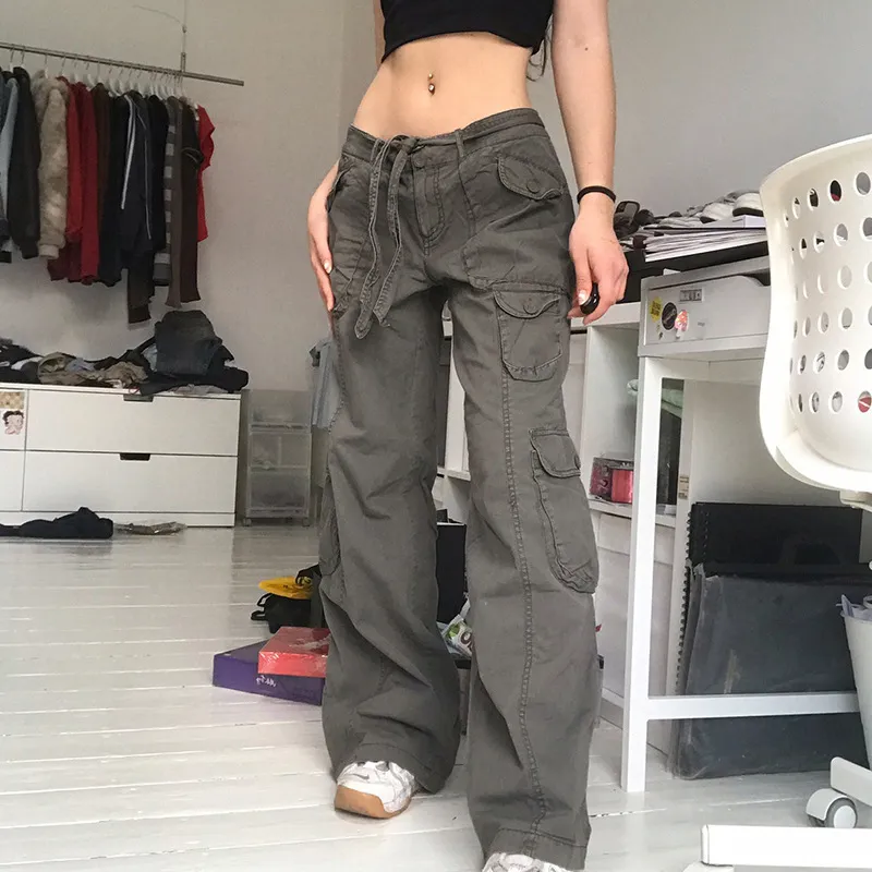 Vintage Distressed Overalls Women Street Loose Straight Cargo Pants