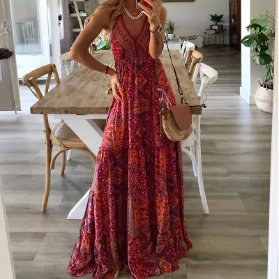 Bohemian Women Casual Tiny Flower Print V-Neck Strap Maxi Dress
