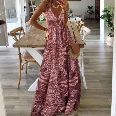 Bohemian Women Casual Tiny Flower Print V-Neck Strap Maxi Dress