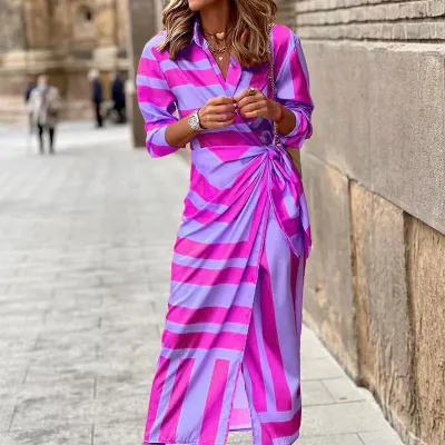 Women Geometric Print Lapel Wrap Dress