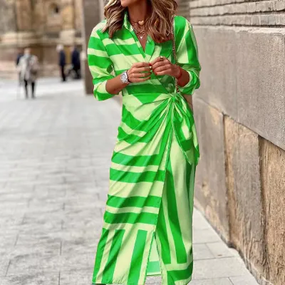 Women Geometric Print Lapel Wrap Dress