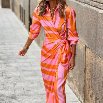 Women Geometric Print Lapel Wrap Dress