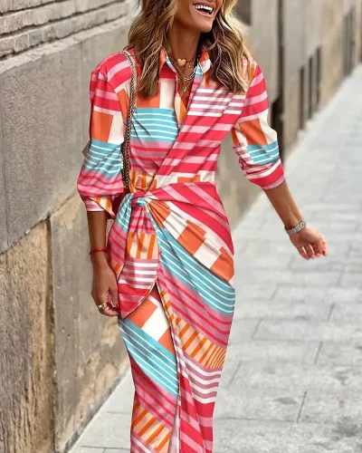 Women Geometric Print Lapel Wrap Dress