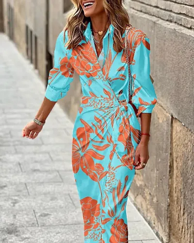 Women Geometric Print Lapel Wrap Dress