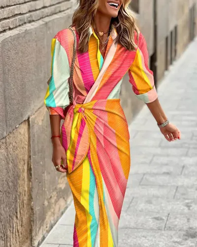 Women Geometric Print Lapel Wrap Dress