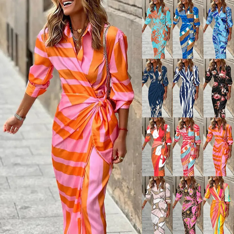 Women Geometric Print Lapel Wrap Dress