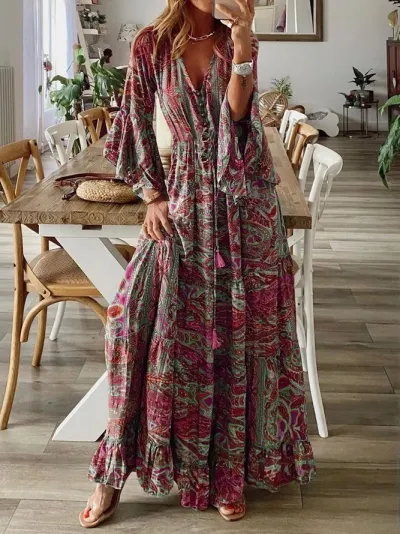 Bohemian Women Casual Flare Sleeve Printed V-Neck Maxi Dress