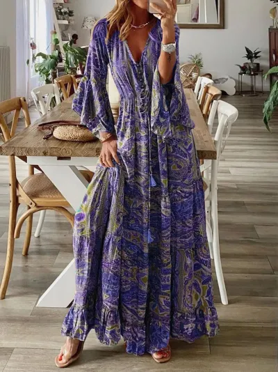 Bohemian Women Casual Flare Sleeve Printed V-Neck Maxi Dress