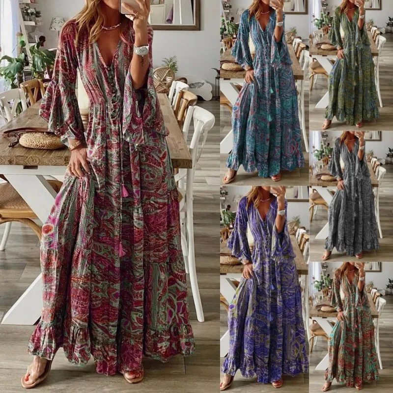 Bohemian Women Casual Flare Sleeve Printed V-Neck Maxi Dress