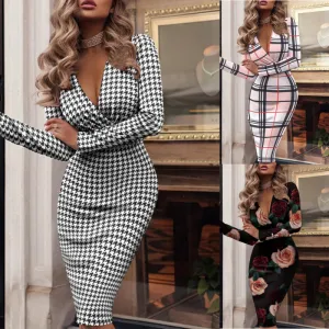 Women Fashion Sexy Long Sleeve V-Neck Bodycon Dress