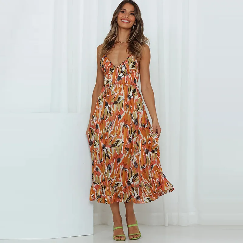 Summer Women Fashion Casual Geometric Print Sling Dress