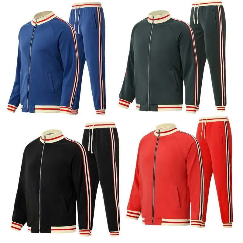 Men Spring Autumn Casual Sports Stripe Long Sleeve Stand Collar Coat Trousers Set