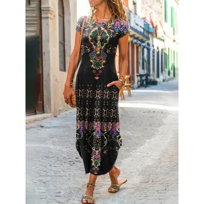 Women Casual Geometric Floral Print Round Neck Short Sleeve Maxi Dress