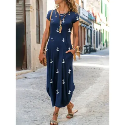 Women Casual Geometric Floral Print Round Neck Short Sleeve Maxi Dress
