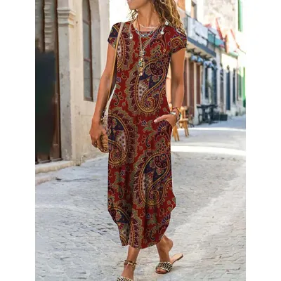 Women Casual Geometric Floral Print Round Neck Short Sleeve Maxi Dress