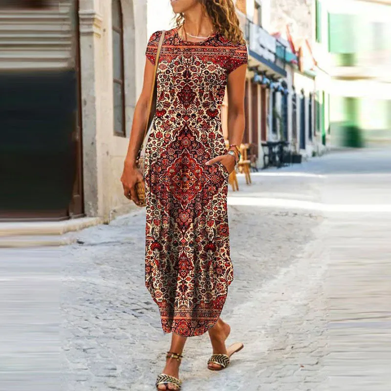 Women Casual Geometric Floral Print Round Neck Short Sleeve Maxi Dress